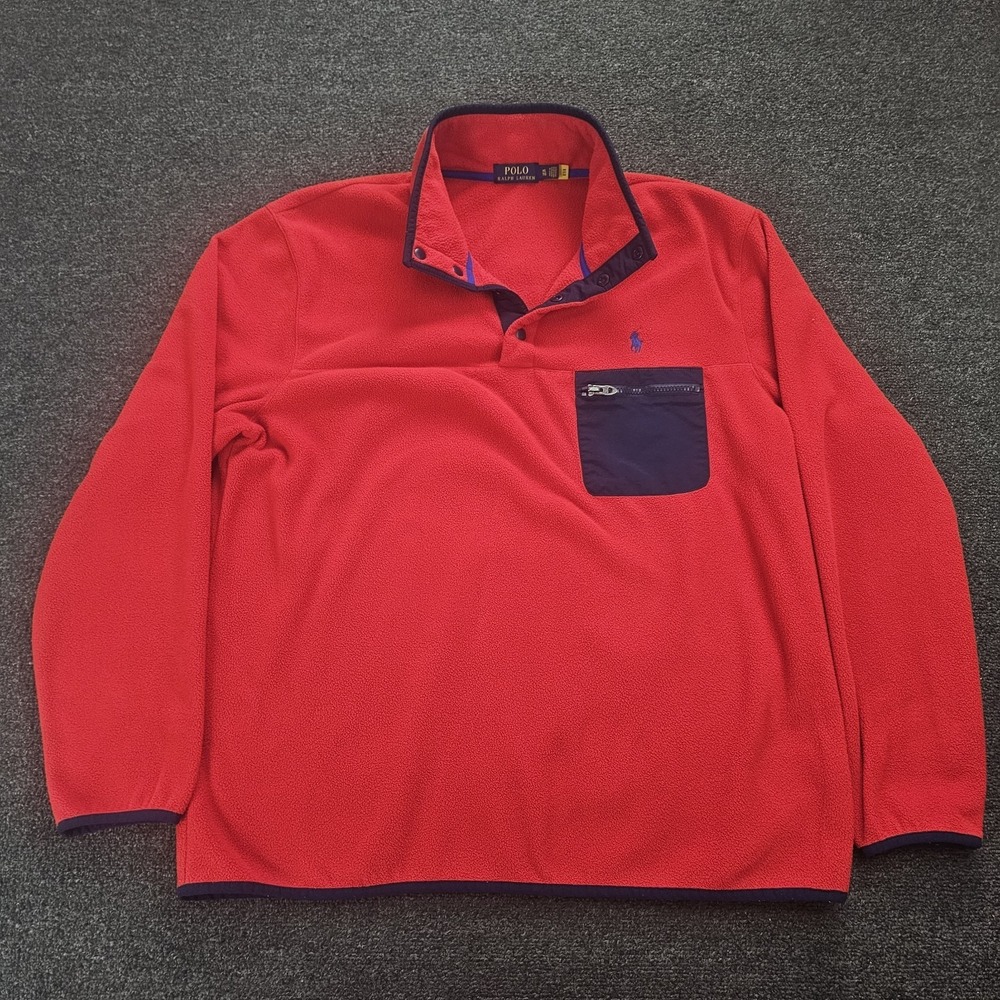 Polo Ralph Lauren Fleece Pullover Mens XL Red‎ Navy Blue Snap Mock Neck Pocket
